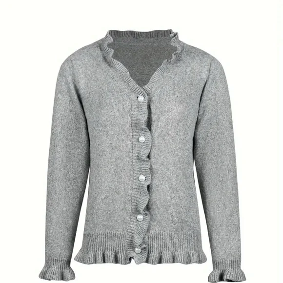 Gray Ruffled Women's Cardigan with pearl buttons size Large NWT - Picture 2 of 3
